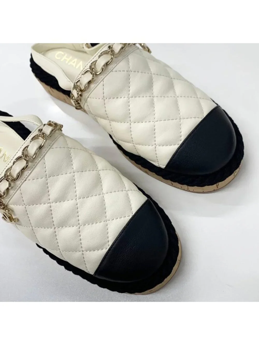 Chanel CC Logo Quilted Chain Leather Cork Sandals